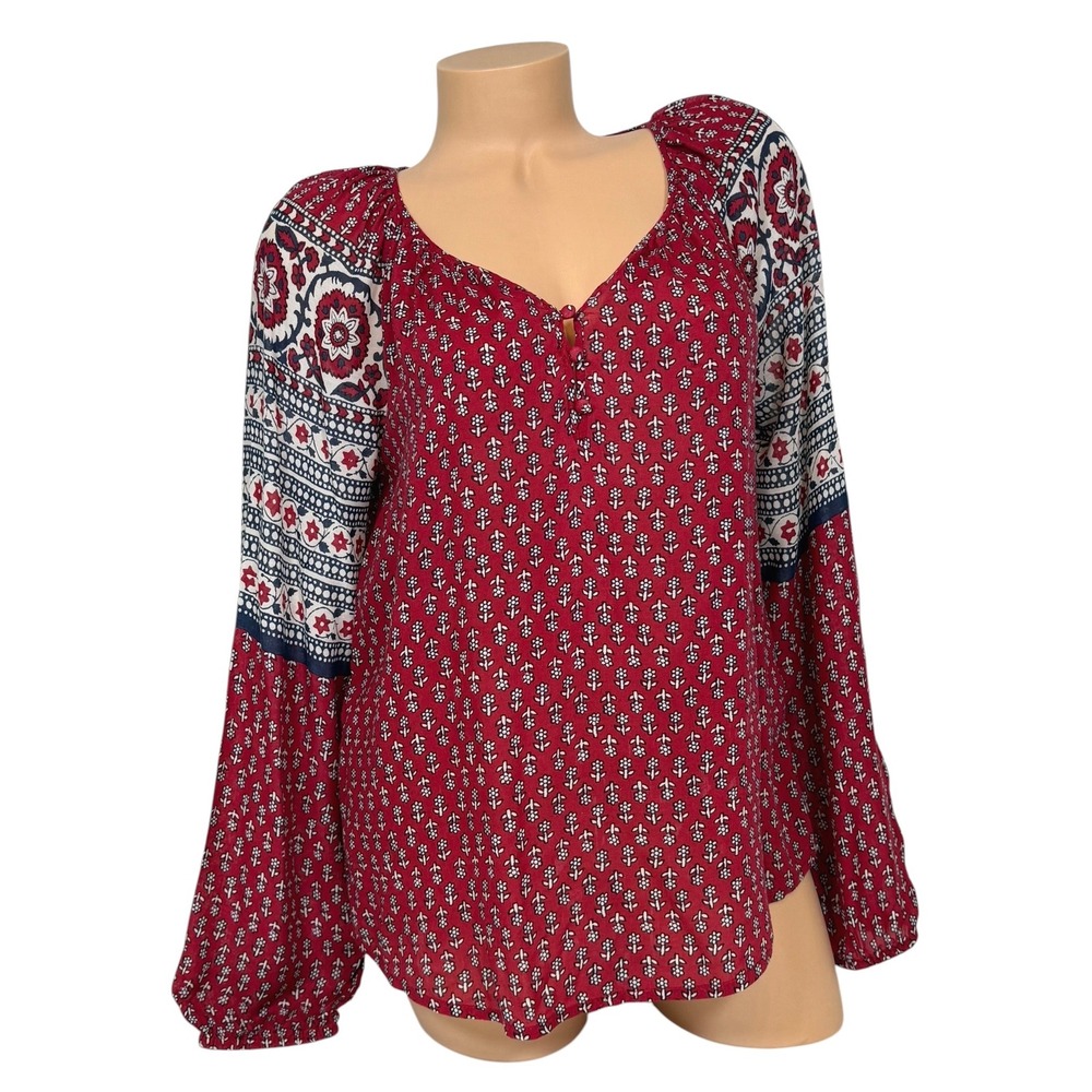 Lucky Brand Women's Small Burgundy Red Floral Mixed Print Peasant Blouse Top